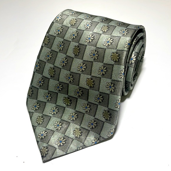 Lanvin Other - Lanvin Paris Silvery Green Checkered Subtle Floral Print 100% Silk Neck Tie EUC